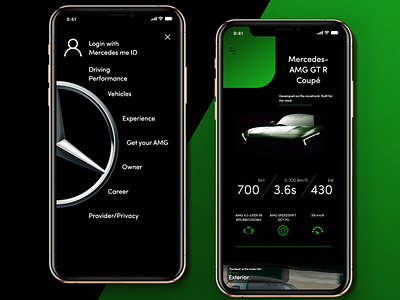 Mercedes-Benz Mobile App adobe xd amg cars green mercedes mercedes benz mobile app design sidebar menu trending ui ux ui ux design