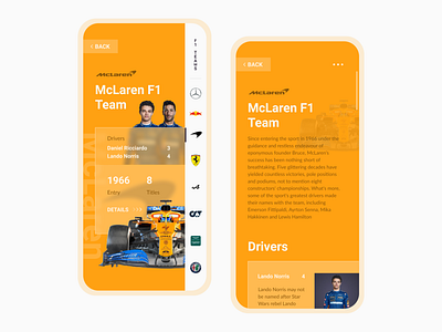 F1 App - McLaren | Concept app bright cars clean concept formula 1 glassmorphism light mclaren mobile app modern orange racing racing car sport uxui