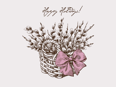 Holiday illustrations. Wicker basket with blooming willow art blooming botanical bow branches composition design drawing easter element graphics greeting hand drawn holiday illustration plant sketch vector wicker basket willow