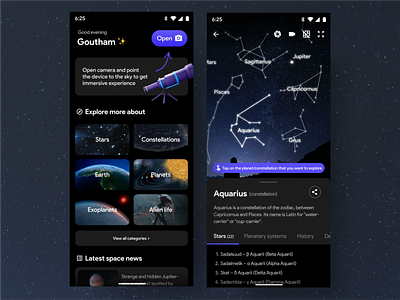 Planets and constellations exploring app 🔭 constellations dark mode dark ui exploration gouthamgtronics planets space