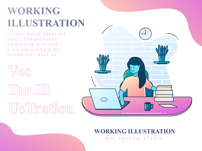 Working Flat Illustration background business character computer concept design desk flat graphic illustration laptop man office people person ui vector woman work working