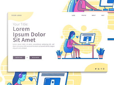 Woman on Working Landing Page Illustration background business concept design designer flat graphic illustration landing page landing page design landing page illustration landing page ui page design page illustration ui ui design ux vector woman working