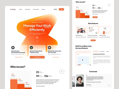 Vorking - Project Management clean landing page design dribbble freelance freelancer futuristic hero section landing page our feature popular project project management review testimonials to do ui uiux website website design who we are