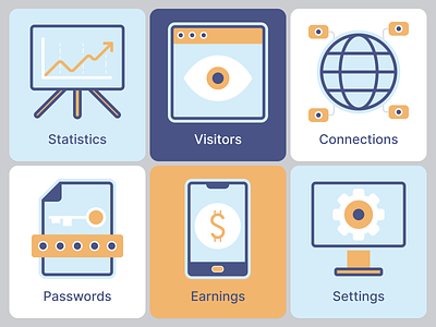 Icons for analytics platform website analyst cards colors features icons illustation