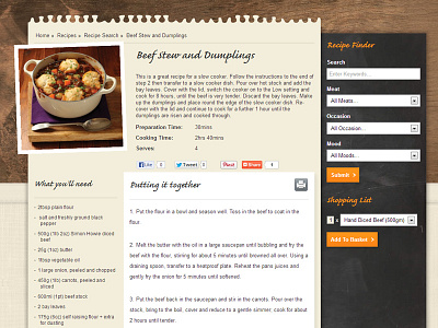 Simon Howie - Recipe page app beef stew and dumplings cooking dpi e commerce ecommerce paper recipe page retina simon howie social texture ui web design wood