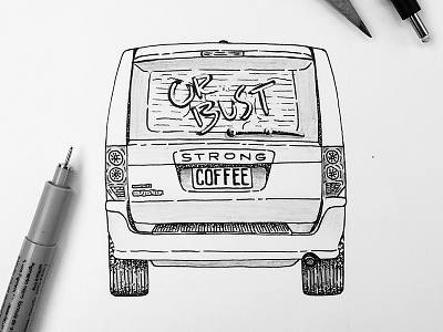 Coffee Or Bust! coffee illustration lettering sketch tires van