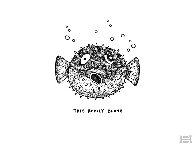 This Really Blows blowfish drawing fish illustration pen and ink stippling
