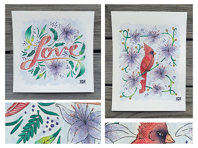 Silent Auction artwork bird cardinal drawing floral flower illustration ink lily love painting watercolor