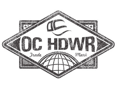 OC HDWR badge black and white design distressed flag globe label shield weathered world