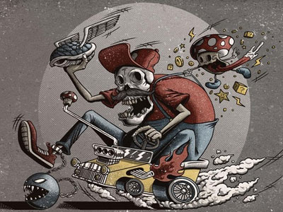 Dead Kart detailed grunge illustration mario kart print racing skull super mario textured