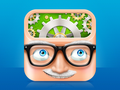 Trvial app blue clever eyebrows eyes face gears glasses mustache smart smile trivia turning web