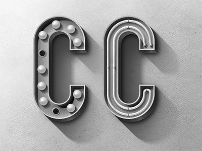 Vintage C black and white bulb neon photoshop retro shadow sign texture type typography vintage