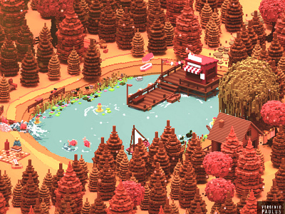autumn vibes 3d autumn chill cube cubes diorama illustration isometric lake landscape leaves voxel