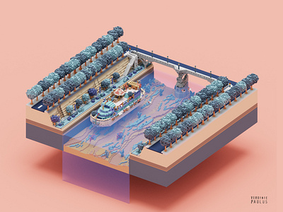 floatting home barge boat city diorama illustration isometric magicavoxel peniche river ship tinyhouse urban voxel voxelart