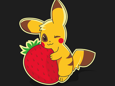 Cute Pikachu with Strawberry Free Vector pikachu pokemon pokemon art smiley strawberry vector vector art