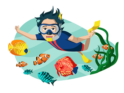 among exotic fish cartoon character design fish illustration snorkeling underwater vector