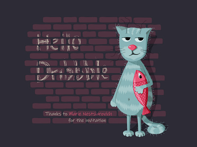 hello dribbble cartoon cat character first shot flat funny hello dribbble illustration vector