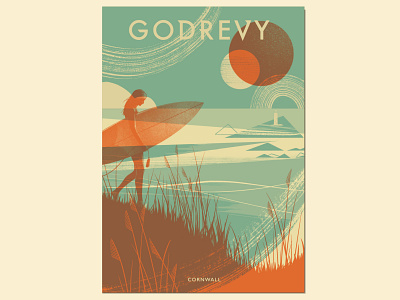 Godrevy abstract beach beach print book cover cornwall duotone environment figure landscape landscape illustration ocean retro riso silkscreen surfer surfing travel poster vintage vintage poster