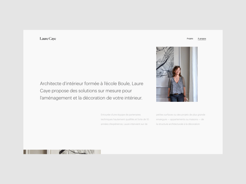 Laure Caye - Interior designer - About page about animation clean contact content design french information layout minimalist transition