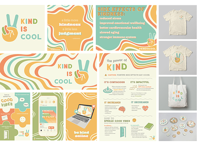 Kind is Cool Campaign be kind buttons campaign cohesive color theory illustraion inforgraphic kindness lines peace retro ripple social media pack typography yellow