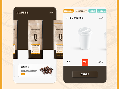 Quiroz - Coffee Order App Experimentation app beige buy coffee cup e commerce letterpress neuomorphism order retro ux vintage