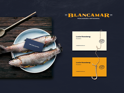Blancamar - Fish Market Naming and Logo blue craft fish fish shop logo market naming nautic ocean oceano pescaderia premium rudder sailor sea vintage