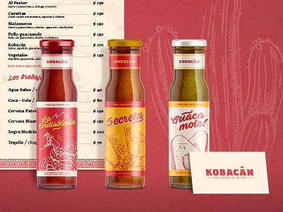 Kobacán - Mexican Restaurant bottle branding concept design illustrated packaging illustration menu mexican mexican restaurant packaging packaging design red sauce