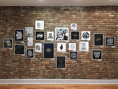 Optimist Art Show Wall artists brick gallery group illustration lettering nyc optimist posters prints wall