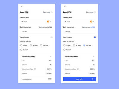 De Fi Lending app interface that allows fixed interest rate app bitcoin blockchain clean crypto design figma minimal ui web3