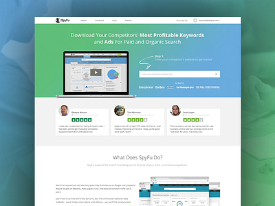 SpyFu home page app blue clean design flat green header homepage landing page typography ui website
