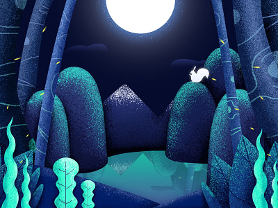 Quiet forest blue forest illustration moon moonlight mountain river sence tree