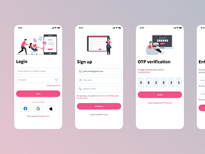 Simple Layout for login and sign up android app authentication dailyui email ios login mobile otp password pink register reset password sign up ui ux verification web app
