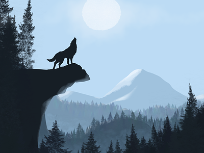 Howl 🐺🌕 digital painting digitalart monochromatic mountain night painting painting brushes photoshop pine tree snow trees wolf