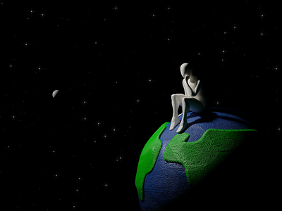 What are we 👀 3d 3d modelling blender blender3d clay claymation design earth galaxy illustration moon person sit space stars think wallpaper