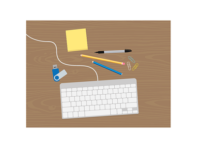 Desk desk desktop illustration. illustrator keyboard marker note paper clip pen pencil post it usb