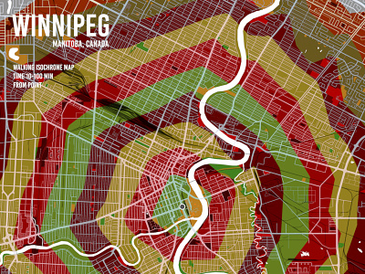 Winnipeg Isochrone Map canada flat gis isochrone map mapping poster qgis vector walk