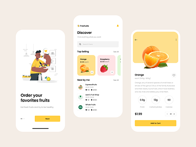 Fruits eCommerce App appdesign bytestechnolab ecommerce figma fruits fruitsdelivery mobileapp