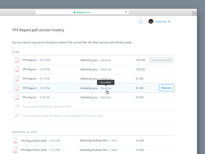 File Version History on Dropbox dropbox product design versions web