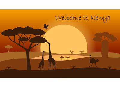 Welcome to Kenya adobe illustrator animals birds gradient illustration kenya savannah silouette sunset trees vector