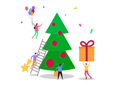 Little people decorate the Christmas tree. box celebration christmas decorate design flat gift happy icon illustration little man people person style tree vector winter woman xmas
