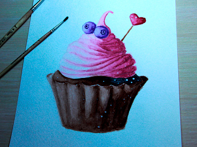 Cupcake aquarelle berry brown brush cake colorful cupcake desert design food hand drawn heart illustration paint painting paper pink sketch sweet watercolor