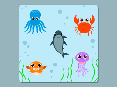 Cute characters of underwater world. adorable colorful crab cute design fish fugu happy icon illustration jellyfish kid logo ocean octopus pufferfish sea shark underwater vector