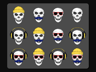 Set of skulls with hats, mustache, glasses and headphones.