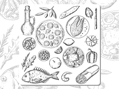 Mediterranean food cuisine design doodle fish food graphic greece hand drawn icon illustration ink italy logo mediteranean olive oil pizza seafood sketch spain vector
