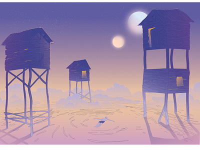 Dreamscape 1 dream fantasy gradient house illustration moons swimming