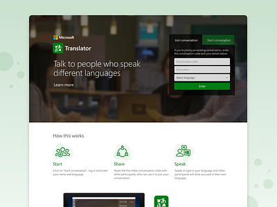 Landing Page for Translator conversational ui icons landing page language responsive speech translate translator ui web