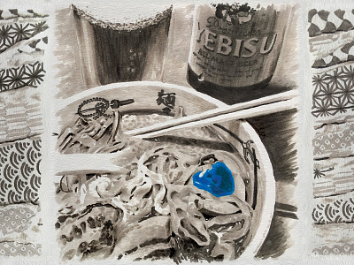 JAPAN Wabi sabi 2015 - RAMEN beer blackandwhite blue illustration japan marker marker pen paper ramen shinjuku