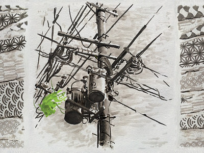 JAPAN Wabi sabi 2015 - WIRES blackandwhite electric electric wire green illustration japan kyoto marker marker pen paper pole