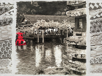 JAPAN Wabi sabi 2015 - TEA ROOM blackandwhite garden gardens illustration japan kanazawa kenrokuen lake marker marker pen paper red tea tea room