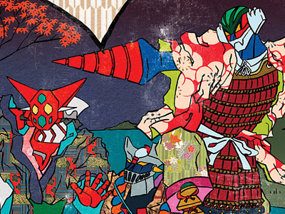 ROBUSAI 80s digital illustration eighties getter getter robot go nagai hokusai illustration jeeg kimono mazinga mazinger mecha nagai robot robottoni samurai ukiyo e ukiyoe yukata